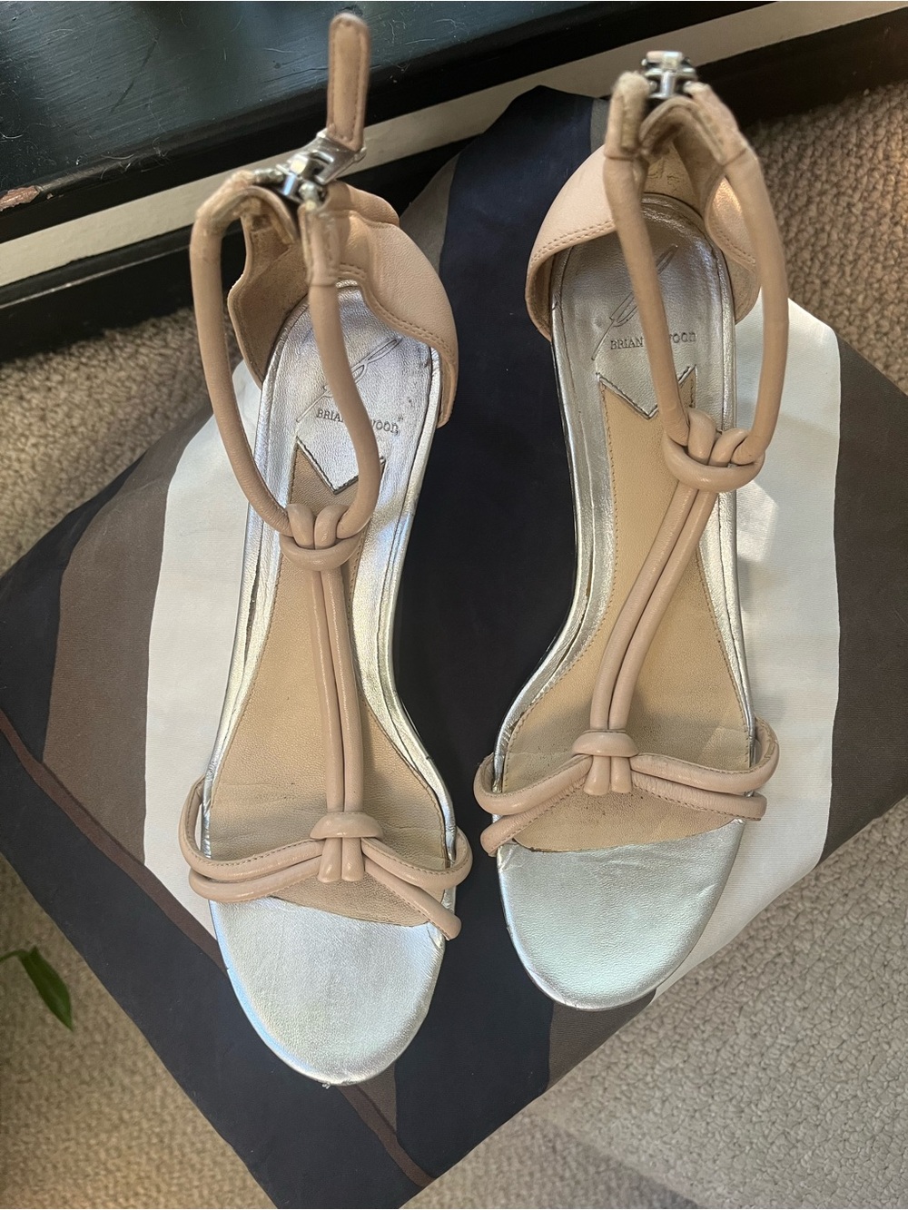 Brian Atwood Beige T-Strap Open-Toe Sandals